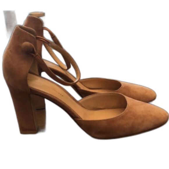 GIANVITO ROSSI SIZE 40 US 9  TAN SUEDE ANKLE STRAP BLOCK HEEL SHOES HERLS PUMPS - Picture 1 of 11